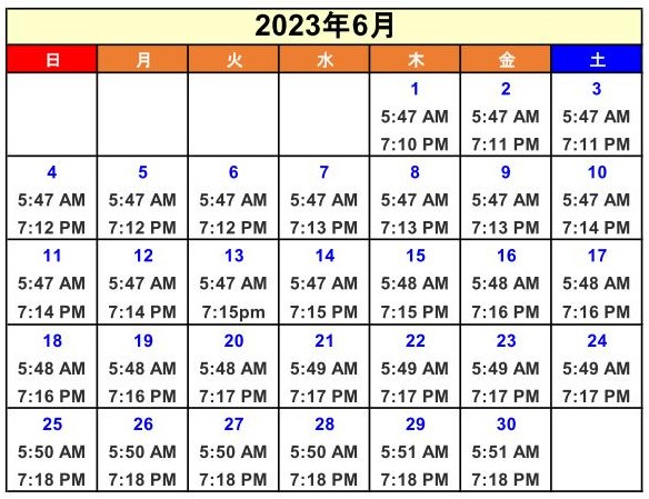ハワイホノルル日の出日の入り6月